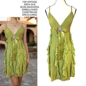 Y2K 100% SILK RUFFLE  BCBG MAXAZRIA CHARTREUSE PARTY DRESS 10 LARGE LIKE NEW.